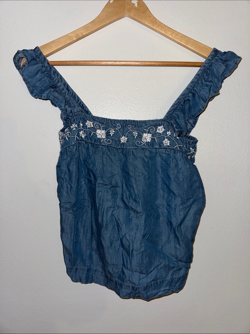 Harper Blue Denim Embroidered Ruffle-Strap Camisole